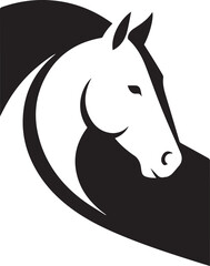 Fototapeta premium A minimalist black-and-white vector illustration of a horse's head in profile, featuring bold, sweeping curves and high-contrast negative space to define its elegant features and powerful neck.