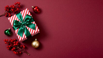 Christmas gift box with ornaments on red background
