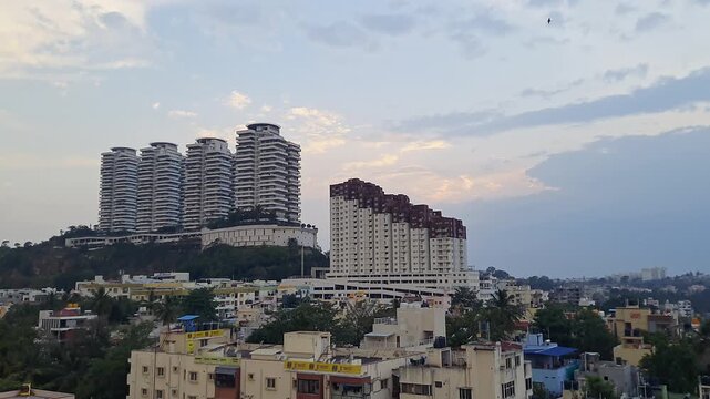 Wide shot of the tata promont residential tower situated on a hilltop at the Bangalore outskirts