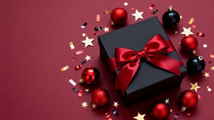 Black gift box with red ribbon and Christmas ornaments