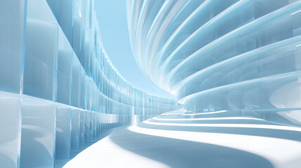 Abstract light blue 3d background with glass transparent square plates row. Crystal gradient curve wave line pattern. Futuristic architecture design, render digital tech banner Stock Illustration