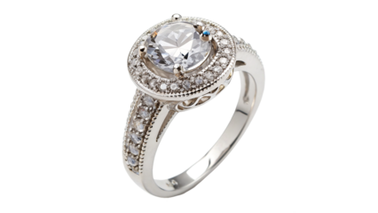 Elegant engagement ring with a large center stone and detailed band design showing craftsmanship and style isolated on transparent background cut out