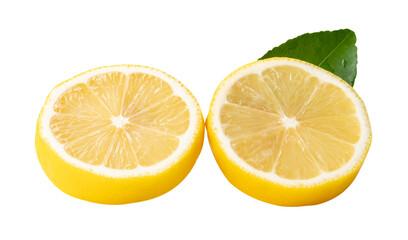 Front view of ripe yellow lemon fruit or slices in two circles with green leaf isolated with clipping path in png file format