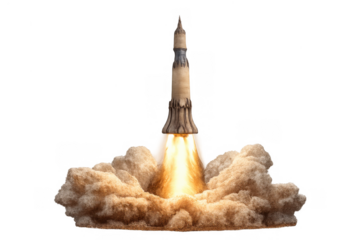 Rocket launching with fiery exhaust and smoke plumes, a symbol of space exploration and technological advancement
