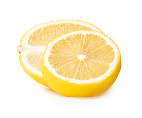 Front view of ripe yellow lemon fruit in  ellipse half and circle slice in stack isolated on white background with clipping path