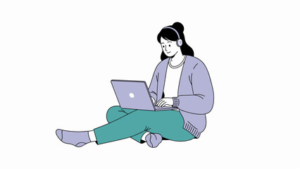 Young woman sitting cross-legged while working on a laptop with headphones enjoying music or a video