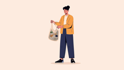 Modern woman shopping with reusable tote bag dressed in casual attire standing against a plain