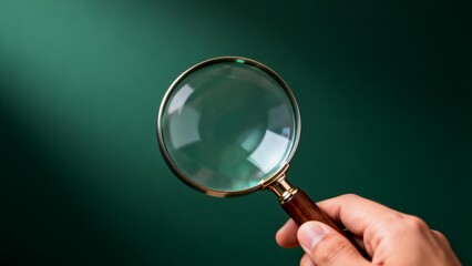 Hand holding magnifying glass against green background