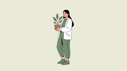 Obraz premium Eco-friendly woman holding potted plant symbolizing nature and sustainability in a minimalistic