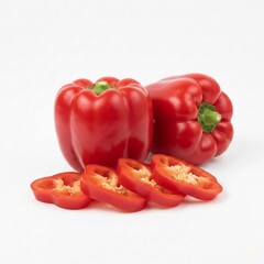Two whole red capsicums and slices with seeds, organic vegetable concept.