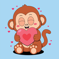 Cartoon Monkey Hugging a Pink Heart