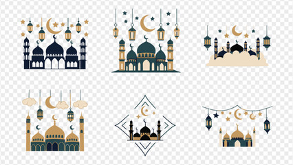 mosque illustrations with crescent moon and stars