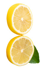Front view of ripe yellow lemon fruit or slices in two circles with green leaf isolated with clipping path in png file format