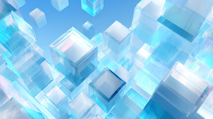 Abstract light blue 3d background with glass transparent square plates row. Crystal gradient curve wave line pattern. Futuristic architecture design, render digital tech banner Stock Illustration