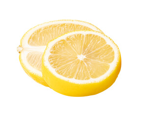 Front view of ripe yellow lemon fruit in  ellipse half and circle slice in stack isolated with clipping path in png file format