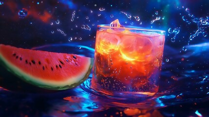 A surreal iced watermelon drink with glowing droplets suspended in mid-air against a cosmic backdrop 