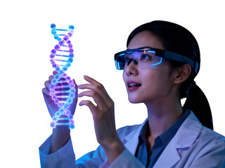 A female scientist in a futuristic lab, wearing sleek glasses transparent background