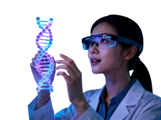 A female scientist in a futuristic lab, wearing sleek glasses transparent background
