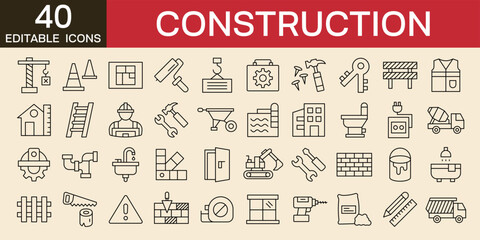 Construction icons set . buildings , home repair tools icons builder, engineering, helmet, symbols, crane, truck, safety, simple editable stroke line icons vector illustration with icon set  © Nobal icons