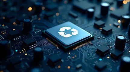 Recycling symbol chip on modern circuit board representing sustainable technology, green computing innovation, energy efficiency solutions and eco friendly digital engineering systems