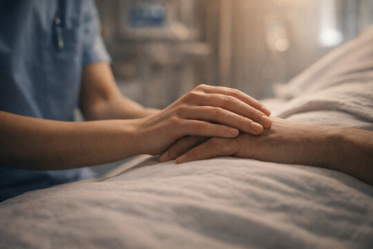 A compassionate nurse or caregiver holding the hand of a patient in a hospital bed, offering comfort and support during a difficult time.