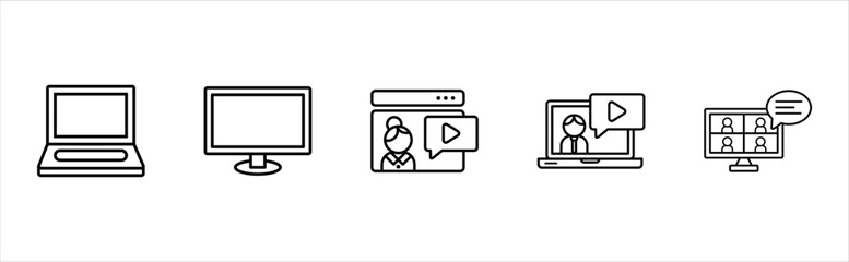 Virtual classroom outline icons set digital teaching
