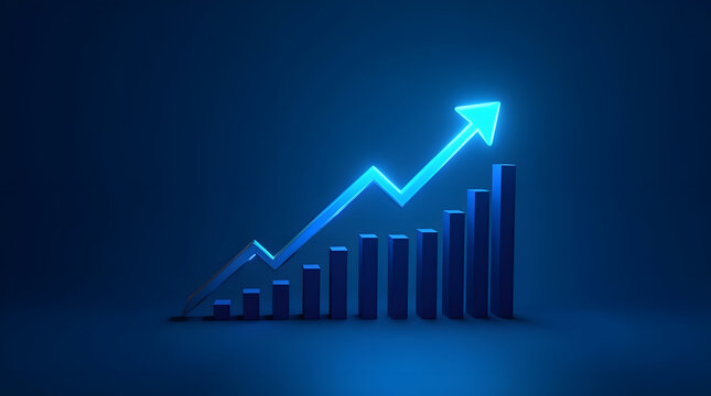 Upward glowing arrow chart on blue background representing financial growth, business success, market performance, investment strategy and positive economic trend visualization - Powered by Adobe