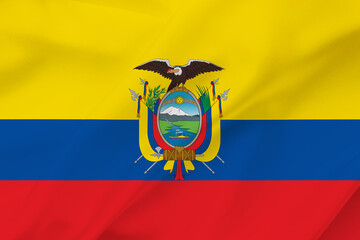 Ecuador national flag waving textile background with yellow blue and red bands and coat of arms featuring an andean condor