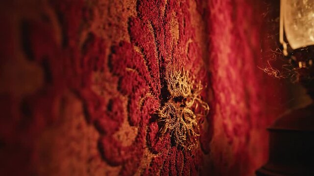 Close up of ornate textile pattern with warm lighting and texture