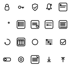 Operations, alerts, security & billing for user accounts UI icon set - rounded outline SVG sheet (20 icons)