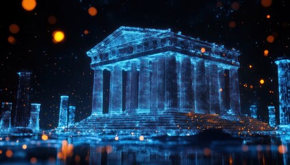 Futuristic vision of an ancient greek temple rendered in glowing blue light
