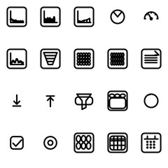 Account analytics & metrics visuals (KPI, charts, reports) UI icon set - rounded outline SVG sheet (20 icons)