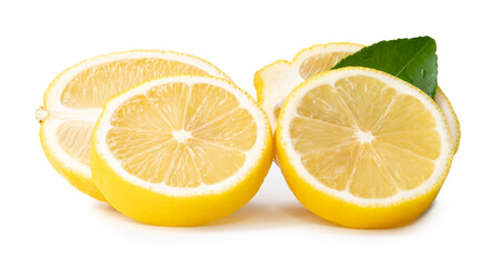 Front view of ripe yellow lemon fruit in slices in two circles and two oval shapes with green leaf in stack isolated on white background with clipping path