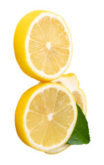 Front view of ripe yellow lemon fruit or slices in two circles and one oval shape with green leaf in stack isolated on white background with clipping path
