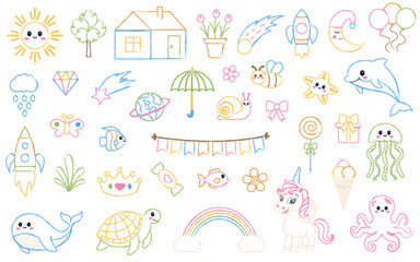 Obraz premium Kids crayons drawing set. Hand drawn children doodles. Cute child illustrations in style crayons, chalk, scribbles, pencills.