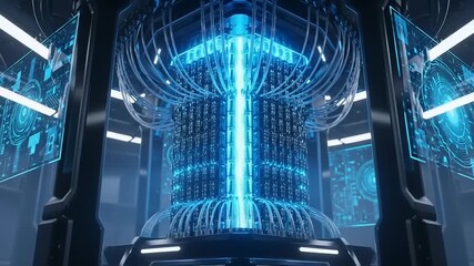 Futuristic data center with glowing technology interface - Powered by Adobe