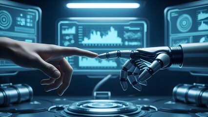 Human hand touching robotic finger against backdrop of glowing blue interface screens
