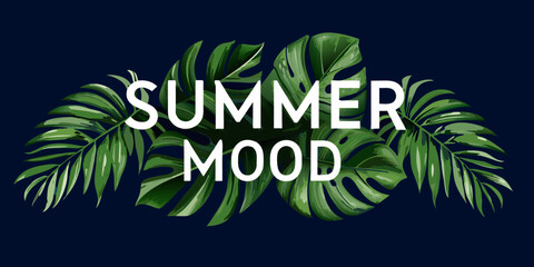 Tropical leaves and summer mood typography design on a dark blue background