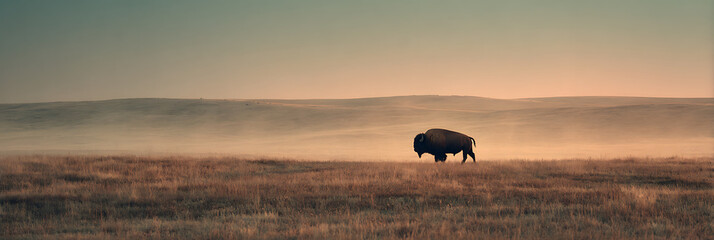 Solitary Bison in the Misty Plains: An imposing bison stands sentinel amidst a vast, misty plain, silhouetted against a serene, muted sunrise, its powerful presence a testament to the raw.