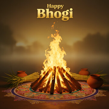 Happy bhogi celebration with camp fire during the early morning illustration.