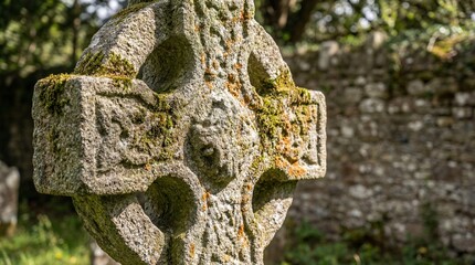 Historic weathered stone Celtic cross adorned with intricate knotwork carvings, standing in an ancient graveyard, evoking heritage and timeless spirituality