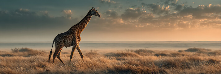 Serene Giraffe Stroll: A solitary giraffe elegantly traverses a golden savannah under an expansive sky. The setting sun paints the landscape with warm hues, evoking tranquility and freedom.