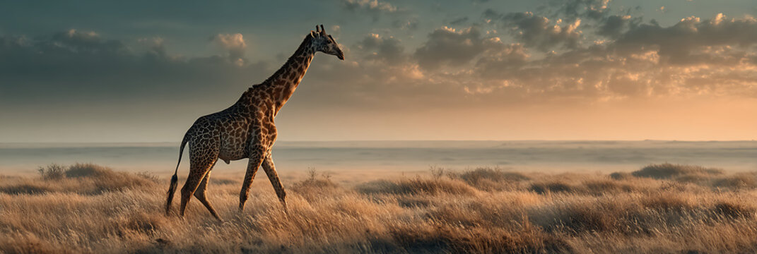 Serene Giraffe Stroll: A solitary giraffe elegantly traverses a golden savannah under an expansive sky. The setting sun paints the landscape with warm hues, evoking tranquility and freedom. - Powered by Adobe