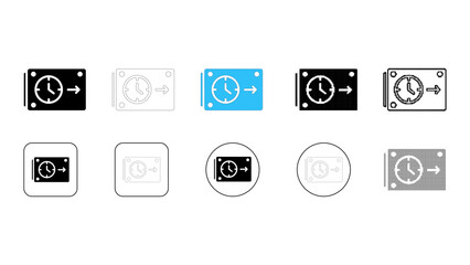 Set of 10 different icon styles representing a time delay relay or timer switch with an arrow indicating direction, isol