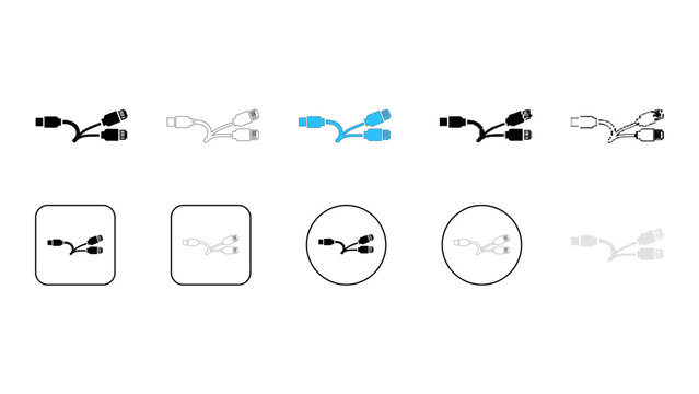 Set of audio video rca connector cable icons and symbols in various styles black, outline, color, flat, and line art