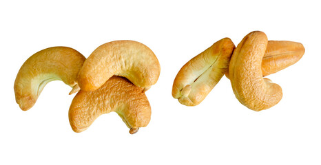 A set of six roasted or baked cashew nuts in two heaps isolated with clipping path in png file format