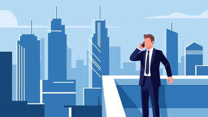 Obraz premium Young Professional Communicating on Smartphone with Panoramic City Skyline View