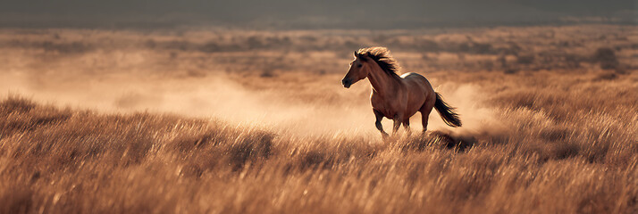 Galloping in the Golden Field: A majestic horse, mane flowing, gallops freely through a sun-drenched field. The image captures the essence of freedom and the untamed spirit. 