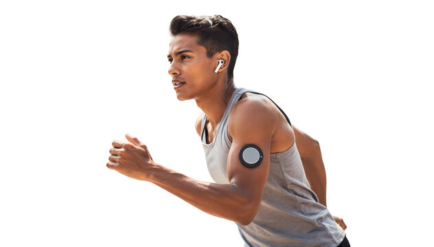Glucose monitor patch worn by an active person jogging outdoors illustrating the integration of health tech and fitness lifestyle in natural lighting. - Powered by Adobe