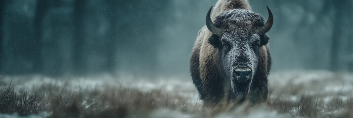 Bison's Gazing: The magnificent bison, with its powerful build and commanding presence, stands assertively in a frosted field, its gaze fixed forward in a serene, natural scene.